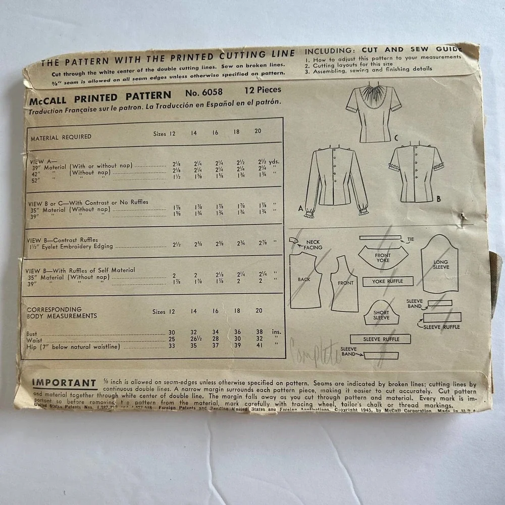 McCalls‎ Vintage 1940's Pattern #6058 Women's Ruffle Blouse Size 16